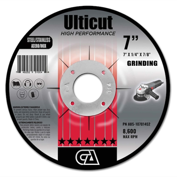Continental Abrasives 7" x 1/4" x 7/8" Ulticut T27 Depressed Center Grinding Wheel AU5-10701452 - main